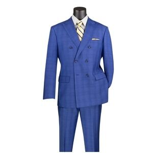 Vinci Double Breasted Suit 38R Navy‎ Blue Plaid Jacket Pants Vest Mens